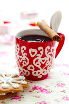 Close-up of mulled wine with spices for Christmas