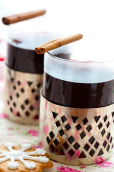 Close-up of mulled wine with spices for Christmas