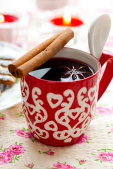 Close-up of mulled wine with spices for Christmas