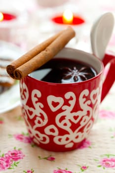 Close-up of mulled wine with spices for Christmas