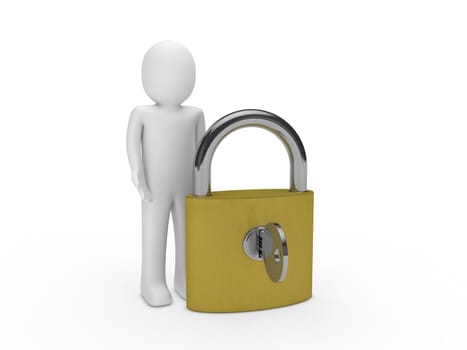 3d man padlock key security lock human