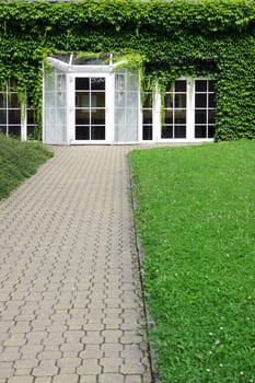 modern building with glass door and ivy