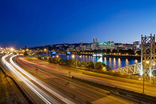Portland Oregon Downtown Skyline Freeway Light Trails