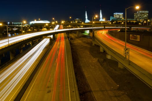 Portland Oregon City Skyline Freeway Light Trails at Night