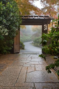 Stone Path in Japanese Garden Foggy Morning in Fall