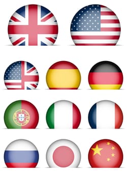 Collection of Flags Icons - Language Buttons - English, American English, Spanish, German, Portugal, Italian, French, Japanese, Russian, Chinese