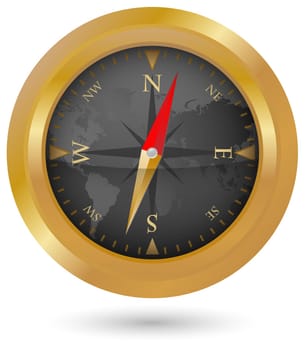 Illustration of Golden Compass Icon With World Map