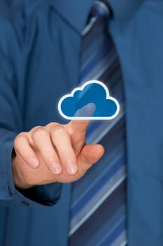 Cloud computing concept. Mans hand click on cloud icon ahead. Selective focused on forefinger.