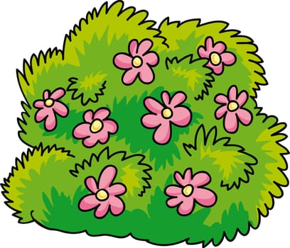 cartoon Illustration of green bush with pink flowers
