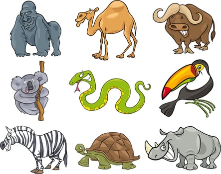 cartoon illustration of nine funny wild animals