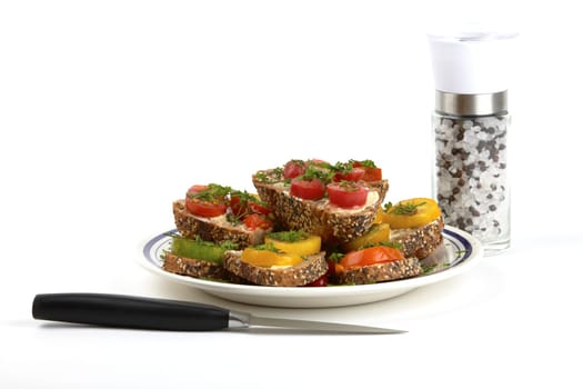 Plate of tomato bread,knife and pepper and salt mill