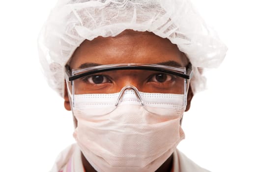Portrait face of a handsome man dressed as doctor physician scientist surgeon or working in the food industry, with mouth and hair cap for hygiene, isolated.