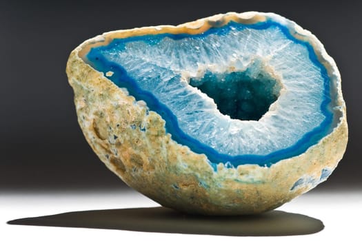 Piece of blue shiny agate with hole on white background