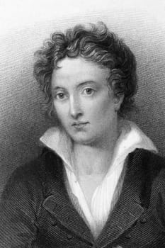 Percy Bysshe Shelley (1792-1822) on engraving from 1833. One of the major English Romantic poets. Engraved by W.Finden and published by J.Murray.