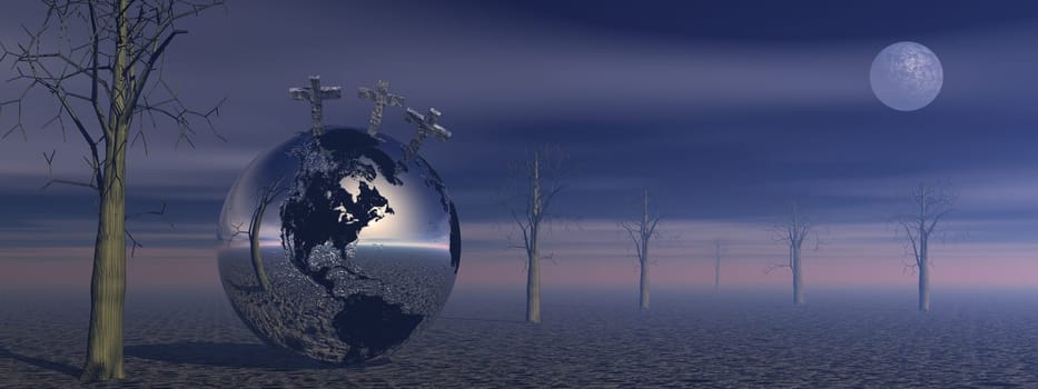 Three crosses for Golgotha on earth planet next to dead trees by foggy night with full moon