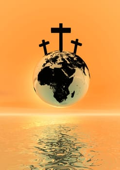 Three crosses for Golgotha on earth planet by sunset