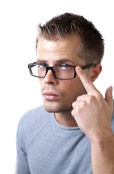 Young man pointing at his glasses