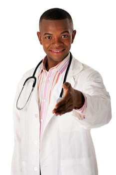 Handsome friendly male physician doctor nurse reaching out ready to shake hands with stethoscope, isolated.
