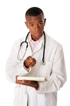 Handsome Doctor physician with patient chart dossier and stethoscope asking and confirming questions, taking note, isolated.