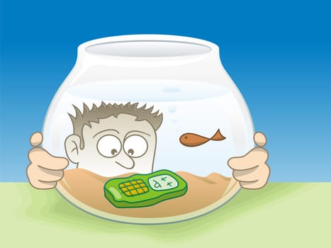 Cartoon illustration of a young man staring his drown cellphone.