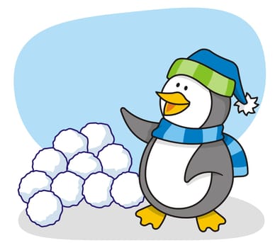 Vector cartoon of little penguin with snow waving