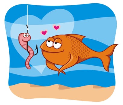 Cartoon illustration of fish in love with the worm bait in hook