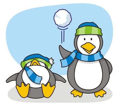 Vector cartoon of two little penguins with snow
