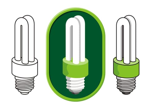 Illustration of a compact fluorescent light bulb icon in three versions.