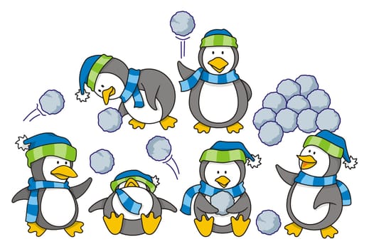 Cartoon of little penguins playing in the snow