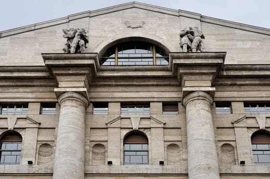 view of upper part and gable of monumental stock-exchange building in city center