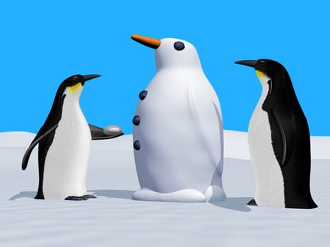 Illustration of two penguins making a snow penguin