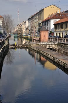 foreshortening of sluice-gate of ship canal in city center, shot in bright winter day