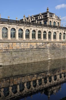 external fortification wall and moat at a famous palace and  museum  in dresden, the baroque building has been  rebuilt after second world war damages