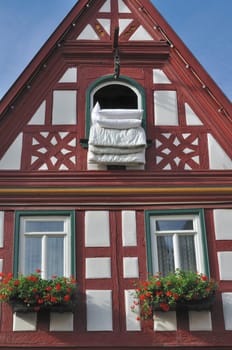 duvet exposed at a window of old wattle house in city center