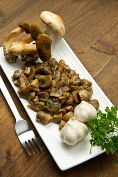 cooked and fresh mushrooms with garlic and parsley