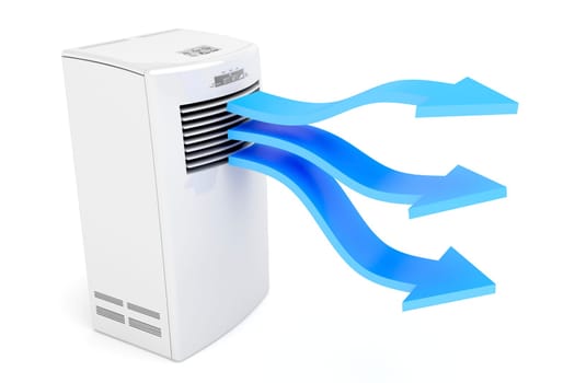 Air conditioner blowing cold air on white background