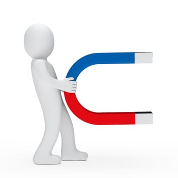 3d man hold a magnet red blue