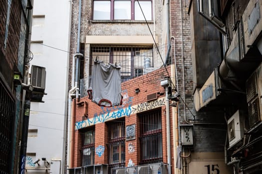 MELBOURNE, AUSTRALIA - MARCH 26 2023 -Street art and graffiti in Presgrave Place, near Collins St in Melbourne CBD on a spring morning in Victoria, Australia