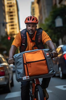 A food delivery man riding a bike, wearing a bright orange delivery uniform in the busy city streets at day time. Neural network generated in May 2023. Not based on any actual person or scene.