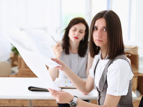 Beautiful smiling businesswoman portrait at workplace look in camera. White collar worker at workspace exchange market job offer irs certified public accountant internal revenue officer concept