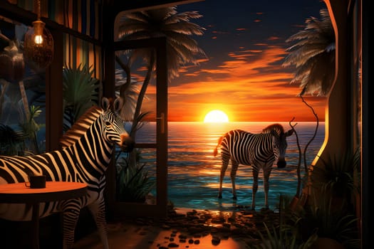 another reality, neural network generated art with zebras at evening cafe blended with sunset beach . Not based on any actual person, scene or pattern.