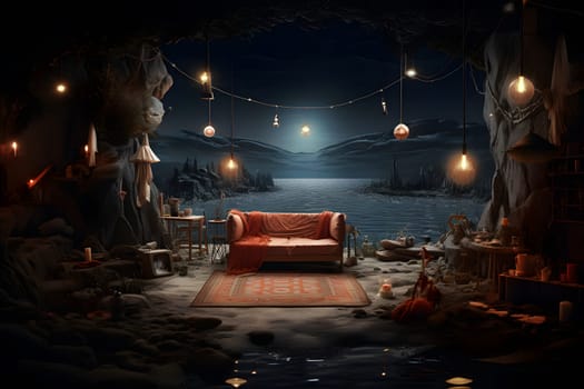 neural network generated photorealistic scene with orange coach, carpet, light bulbs garlands and full moon night harbor view in the background. Not based on any actual person, scene or pattern.