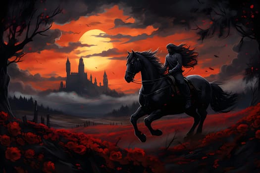 Dark sinister horseman with long hair running in a gloomy red field of flowers, in front of castle with dramatic clouds in sunset sky. Neural network generated image. Not based on any actual person, scene or pattern.