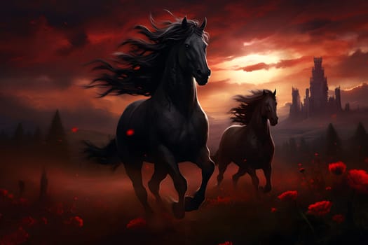 Dark horses running in a gloomy red field of flowers, in front of castle with dramatic clouds in sunset sky. Neural network generated image. Not based on any actual person, scene or pattern.