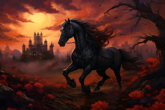 Dark horse running in a gloomy red field of flowers, in front of castle with dramatic clouds in sunset sky. Neural network generated image. Not based on any actual person, scene or pattern.
