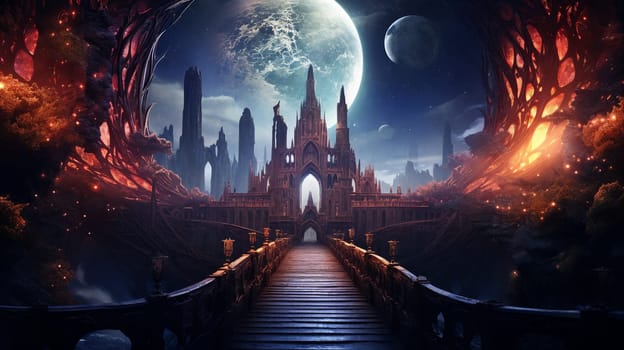 In the vast expanse of space, a magnificent bridge stretches, crafted with fantastical elements, connecting worlds unknown.