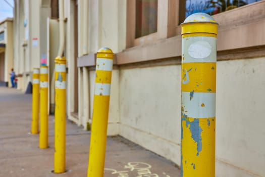 Image of 5 yellow poles with white stripes on top and chipping paint lined up on sidewalk next to building