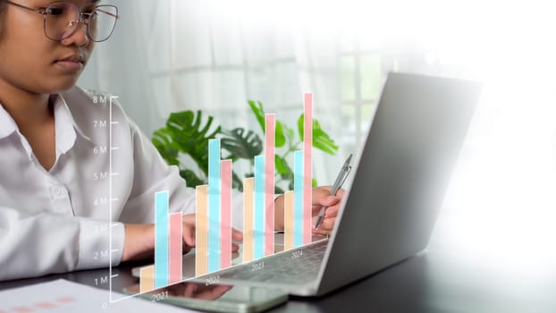 Businesswoman use computers to analyze business and manage corporate data, business analytics with charts, metrics and KPIs to improve organizational performance, marketing, financial organization strategy.