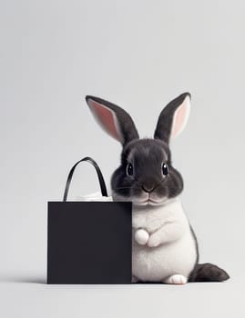 Fluffy rabbit looks at the sign. Easter Bunny. Rabbit for advertising