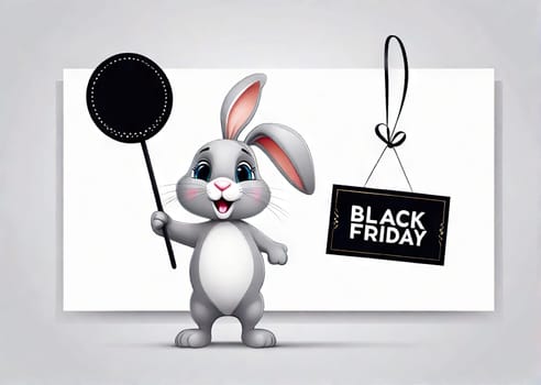 Cute bunny with banner that says Black Friday, concept seasonal discounts and sales